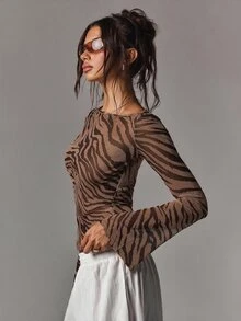 Athîral 女款休閒性感斑馬紋網紗喇叭袖修身上衣，適合夏季、度假夜生活、約會、外出穿搭，Y2K風格，秋季、萬聖節 - 棕色 - 查看 6