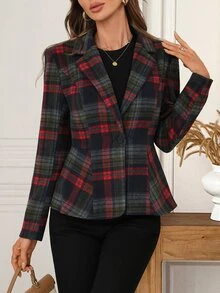 EMERY ROSE Women's Plaid Lapel Neck Long Sleeve Single Button Regular Jacket - Multicolor - View 5