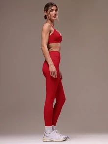 Musera Sport 女款交叉背上衣與緊身褲運動套裝 健身瑜伽皮拉提斯日常休閒 - 紅色 - 查看 4