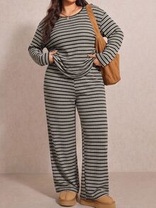 EMERY ROSE Plus Size Women's Striped Round Neck Long Sleeve Top And Pants Casual Daily 2 Pieces Set - Green - View 9