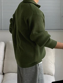 DAZY Autumn/Winter Military Green Zipper Stand Collar Open Front Men's Cardigan - Army Green - View 2