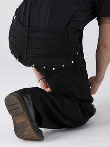 DAZY Spring/Autumn Black Washed Distressed Rivet Design Street Style Men's Jeans - Black - View 6