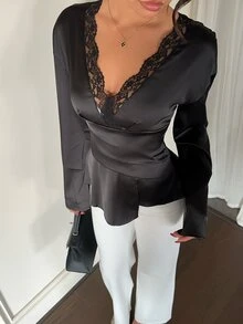 Aloruh 女款上衣與襯衫 外出穿搭可愛上衣可愛襯衫 女士職場套裝 基本款上衣 復古秋季穿搭 極簡黑色V領S號 - 黑色 - 查看 5