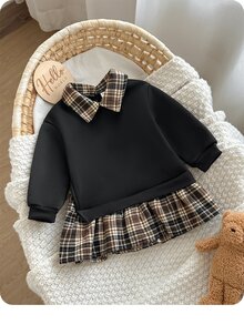 SHEIN 女嬰可愛針織拼接格紋長袖秋冬洋裝 - 黑色 - 查看 3