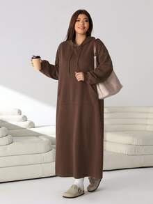Solflare Plus Size Autumn/Winter Long Sleeve Hooded Grey Floral Print Pocket Sweatshirt Dress Fall - Chocolate Brown - View 6