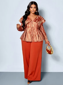 SOLERSUN Plus Size Vintage Print 2 Pieces Set, Plus Size Shawl Collar Cinched Waist A-Line Top And Draped Wide Leg Pants, Retro Textured Print, Mature Elegant Style For Daily Wear, Gatherings And Commuting - Orange - View 4