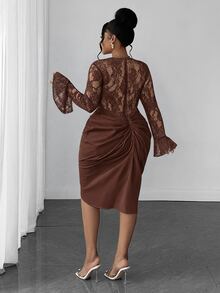 Maweii Plus Size Elegant Party Lace Patchwork Dress Fall - Brown - View 3