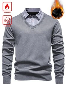 Manfinity Homme Men's Thermal Lined Business Casual Collared Thick Knit Pullover,Navy Blue Winter Work 2 In 1 Patchwork V Neck Ribbed Sweater Jumper For Fall/Winter - Light Grey - View 1