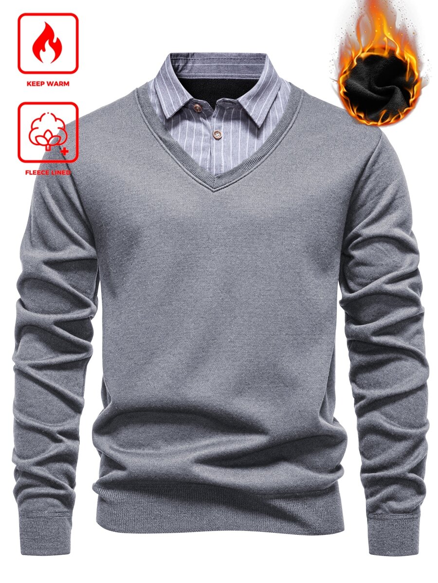 Manfinity Homme Men's Thermal Lined Business Casual Collared Thick Knit Pullover,Navy Blue Winter Work 2 In 1 Patchwork V Neck Ribbed Sweater Jumper For Fall/Winter - Light Grey - View 1