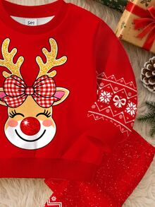 Baby Girl Cute Adorable Christmas Reindeer Pattern, Snowflake, Christmas Red, Soft Thick Round Neck Long Sleeve Sweatshirt & Leggings Set, Suitable For Autumn/Winter, New Fall Styles, Chic, Fall Sets - Multicolor - View 6
