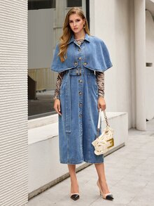 Selenza Women's Pleated Dress And Shawl Top Casual Denim Set - Blue - View 5