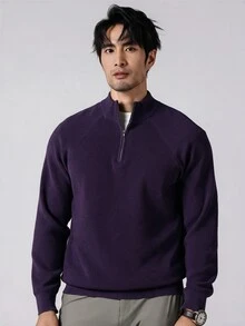 Marcello Vane 男士簡約時尚休閒拉鍊針織毛衣，適合秋冬，立領男士針織上衣，四分之一拉鍊毛衣，男士毛衣 - 紫色 - 查看 4