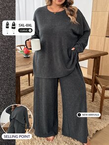 SHEIN CURVE+ 大尺碼女款秋季休閒純色巧克力棕色冬季豐滿居家穿著兩件套秋季 - 深灰色 - 查看 1