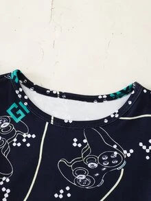 SHEIN 青少年男孩遊戲主機印花圓領長袖上衣與長褲休閒舒適修身家居睡衣套裝 2件組 - 黑色 - 查看 3