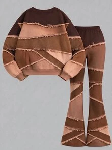 Fresh Fashion Casual Minimalist Style Colorful Patchwork Pattern Basic Pullover Sweatshirt + Elastic Waist Flare Pants, Autumn/Winter Daily Outfit - Multicolor - View 2