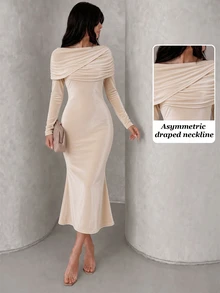 NOVVYNE Đầm midi nữ màu trơn xếp ly phong cách thường ngày dự tiệc mùa hè - Màu be - Xem 5