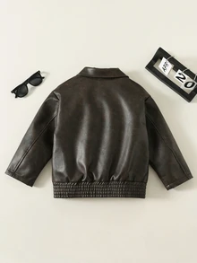 SHEIN Jaket Anak Laki-Laki/Remaja dengan Kerah PU Longgar dan Saku Tempel, Cocok untuk Hari Karier Musim Dingin dan Kembali ke Sekolah. - Coklat - View 2