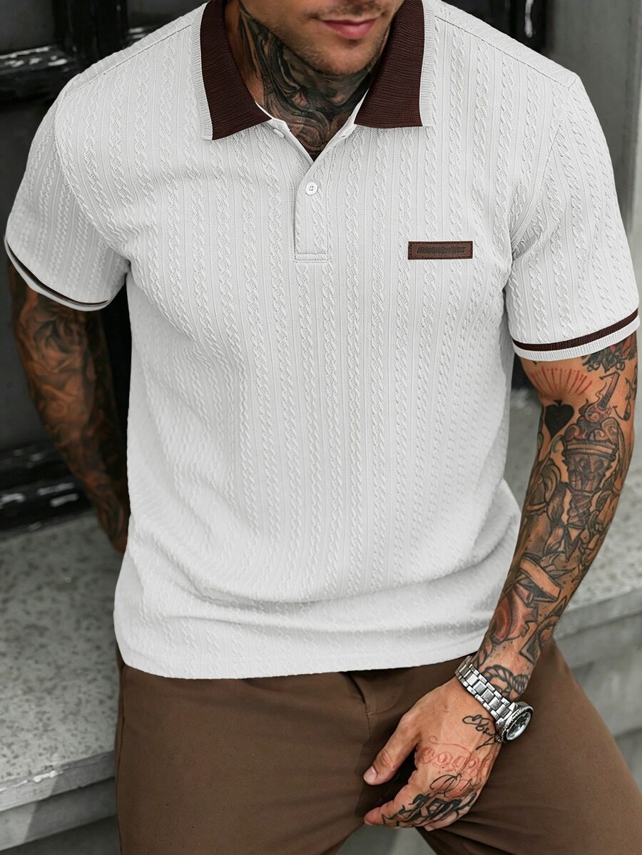 Manfinity CasualCool 男士字母印花短袖 Polo 衫，米色，夏季，休閒時尚，度假，復古老錢風休閒通勤棕色上衣，適合日常休閒辦公 - 白色 - 查看 1