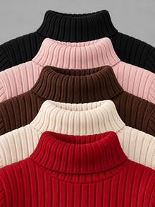 SHEIN Baby Girl Girls' Ribbed Elastic Knit High Neck Long Sleeve Base Layer Winter Top - Red - View 2