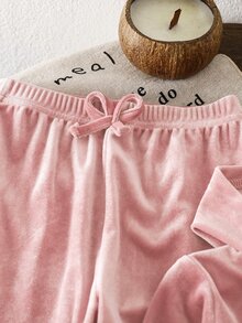 SHEIN 女童天鵝絨連帽長袖外套與長褲套裝，適合秋冬，時尚百搭，穿著舒適 - 粉色 - 查看 4