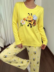 SHEIN 女款卡通印花長袖上衣與長褲休閒居家睡衣套裝 - 彩色 - 查看 3