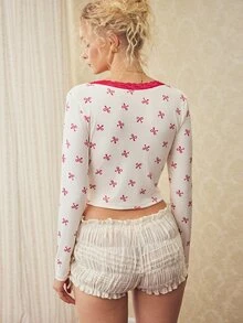 Elorette Women's Contrast Lace Bow Print Long Sleeve Pajama Top - Red and White - View 2
