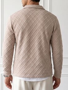 HUEFORM Men's Old Money Apricot Geometric Rhombus Pattern Metallic Fabric Long Sleeve Polo Shirt, Suitable For Daily Commuting And Business Occasions - Apricot - View 2
