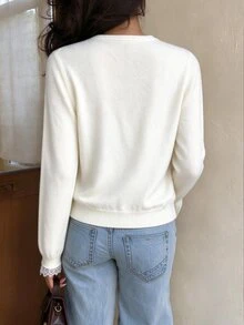 Sunnyshic Women's Autumn/Winter Casual Young Lace Patchwork Knit Cardigan - Beige - View 2