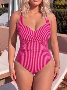 SHEIN Swim Curve 2026新款春夏大尺碼女款豹紋隨機印花細肩帶圓領聚攏胸顯瘦泳衣，適合夏季海灘度假 - 玫紅色 - 查看 4