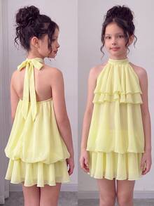 Tween Girl Solid Color Pleated Fashion Party Summer Halter Neck Dress - Yellow - View 1