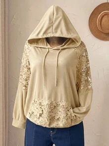 Rusticease 大尺碼純色蕾絲拼接運動衫 秋季 夜店 正式 外出 晚宴 黑色 休閒 優雅 萬聖節 - 杏色 - 查看 6