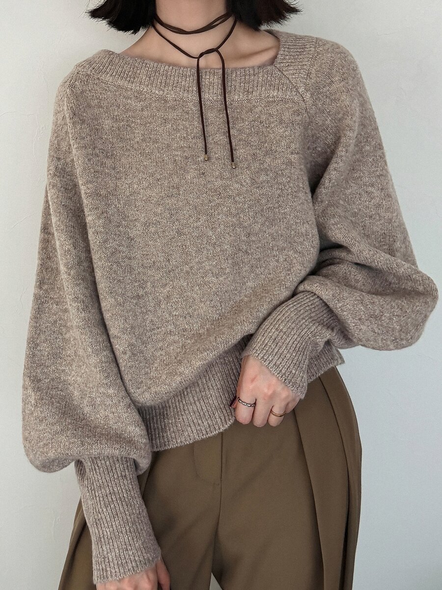 FRIFUL Women's Solid Color Asymmetric Collar Batwing Long Sleeve Loose Sweater - Khaki - View 1
