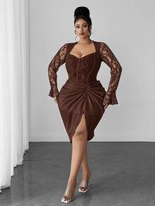 Maweii Plus Size Elegant Party Lace Patchwork Dress Fall - Brown - View 6