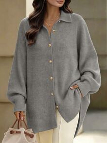 Linhara Plus Size Women Solid Color Casual Versatile Daily Cardigan - Grey - View 1