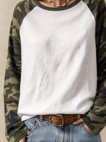 Nubod 女款拼接迷彩印花寬鬆版型長袖休閒街頭 Y2K 插肩袖 T-shirt，適合秋季街頭穿搭、週末日常外出上衣 - 彩色 - 查看 4