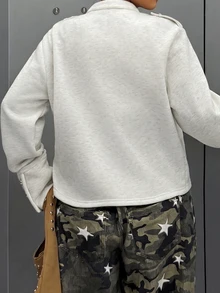 Muchica Plus Size Women's Zipper Placket Button Design Napoleon Sweatshirt - Grey - View 2