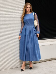 Selenza Women's Round Neck Contrast Mesh Long Sleeve Elegant Denim Dress - Blue - View 6
