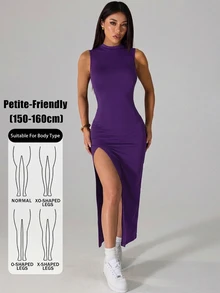 SHEIN PETITE 女士優雅性感休閒開衩洋裝，輕盈夏季女款洋裝，適合嬌小女性夜生活外出穿著，純黑色 - 紫色 - 查看 1