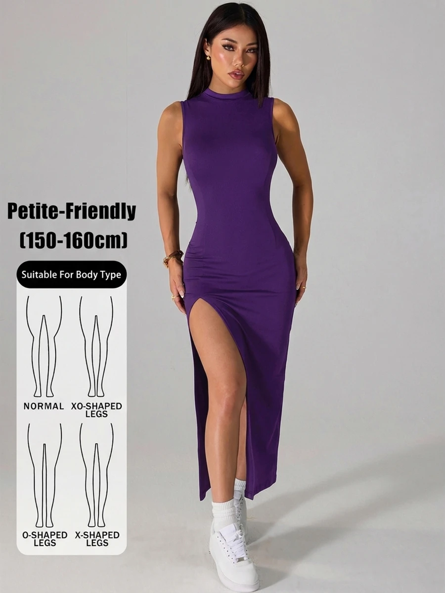 SHEIN PETITE 女士優雅性感休閒開衩洋裝,輕盈夏季女款洋裝,適合嬌小女性夜生活外出穿著,純黑色 - 紫色 - 查看 1