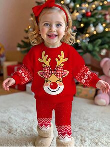 Baby Girl Cute Adorable Christmas Reindeer Pattern, Snowflake, Christmas Red, Soft Thick Round Neck Long Sleeve Sweatshirt & Leggings Set, Suitable For Autumn/Winter, New Fall Styles, Chic, Fall Sets - Multicolor - View 1