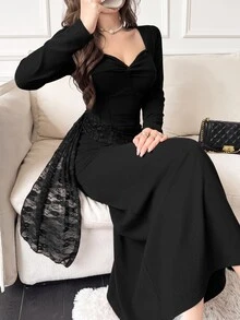 Feyla Women's Elegant Front Knot Ruched Fishbone Lace Dress - Black - View 5