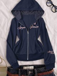 Tween Girl Letter Print Long Sleeve Zip-Up Hooded Sweatshirt - Navy Blue - View 2