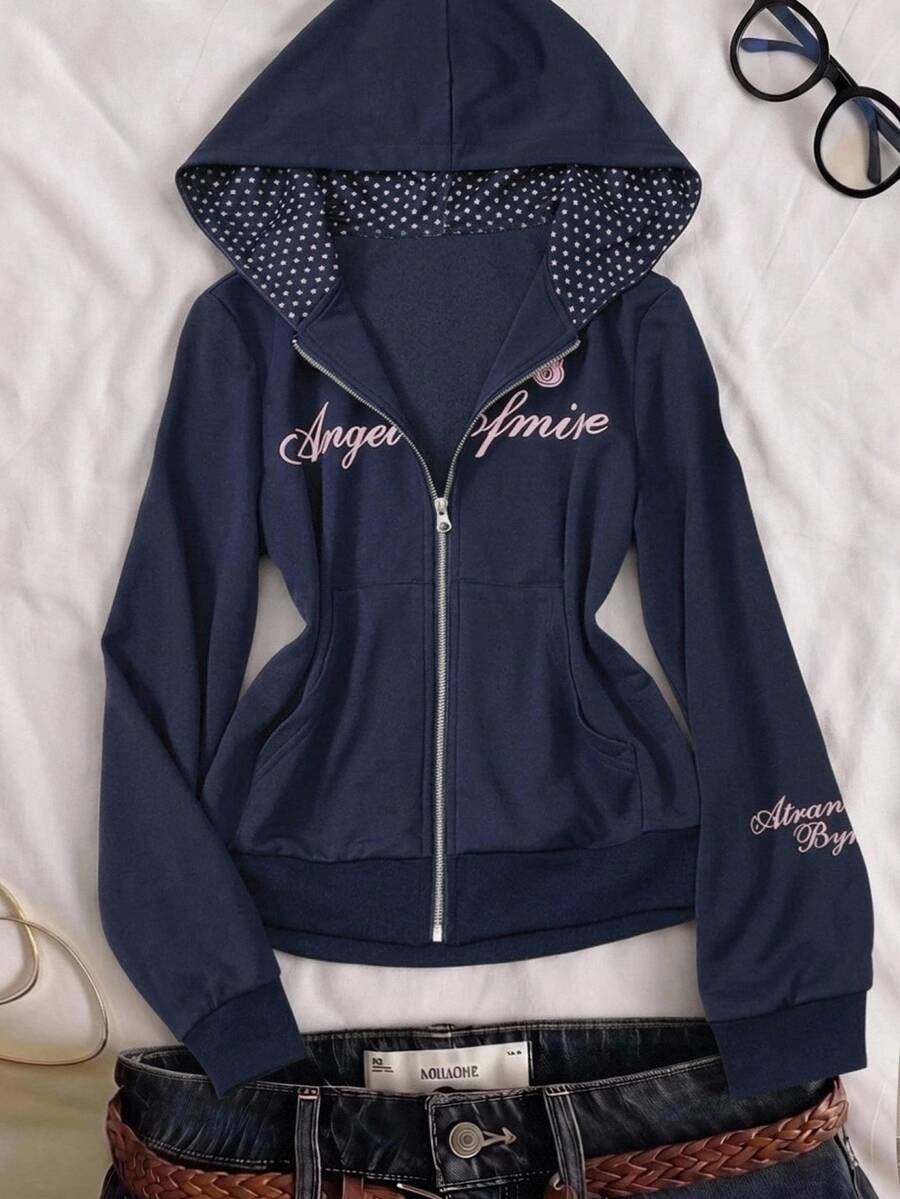 Tween Girl Letter Print Long Sleeve Zip-Up Hooded Sweatshirt - Navy Blue - View 1