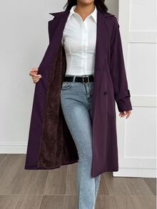 SHEIN PETITE 女款卡其色休閒開襟裝飾學院風風衣 - 紫色 - 查看 3