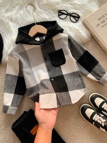 SHEIN 1件兒童小男孩秋冬款黑白格紋極簡休閒學院風連帽開襟襯衫，舒適面料，適合秋冬、返校、街頭穿搭、派對、外出 - 黑色 - 查看 3