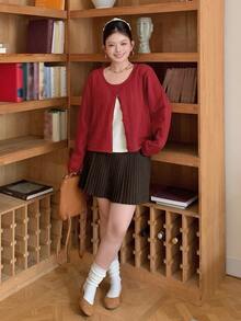 Dazy Plus Solid Color Loose Hollow Round Neck Long Sleeve Short Casual Vacation Spring Autumn Knit Cardigan - Burgundy - View 4