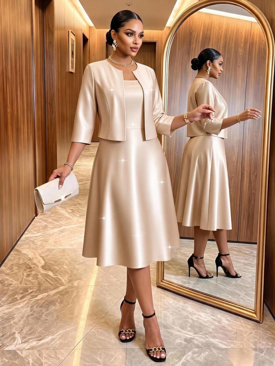 SHEIN Lady CURVE Set 2 Potong Kasual Wanita Ukuran Besar dengan Gaun dan Kardigan Warna Polos - Emas - View 1