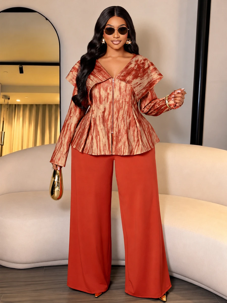 SOLERSUN Plus Size Vintage Print 2 Pieces Set, Plus Size Shawl Collar Cinched Waist A-Line Top And Draped Wide Leg Pants, Retro Textured Print, Mature Elegant Style For Daily Wear, Gatherings And Commuting - Orange - View 1