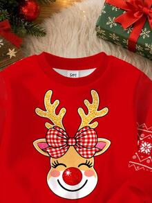 Baby Girl Cute Adorable Christmas Reindeer Pattern, Snowflake, Christmas Red, Soft Thick Round Neck Long Sleeve Sweatshirt & Leggings Set, Suitable For Autumn/Winter, New Fall Styles, Chic, Fall Sets - Multicolor - View 5