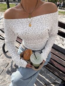 Muchica Camiseta sexy de mujer con estampado de leopardo y hombros descubiertos - Multicolor - Ver 5